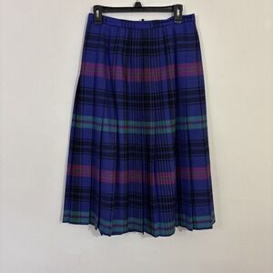 Vintage Wool Purple Plaid Pleated Skirt Size S/M Green 28"‎ Waist Pure New Wool